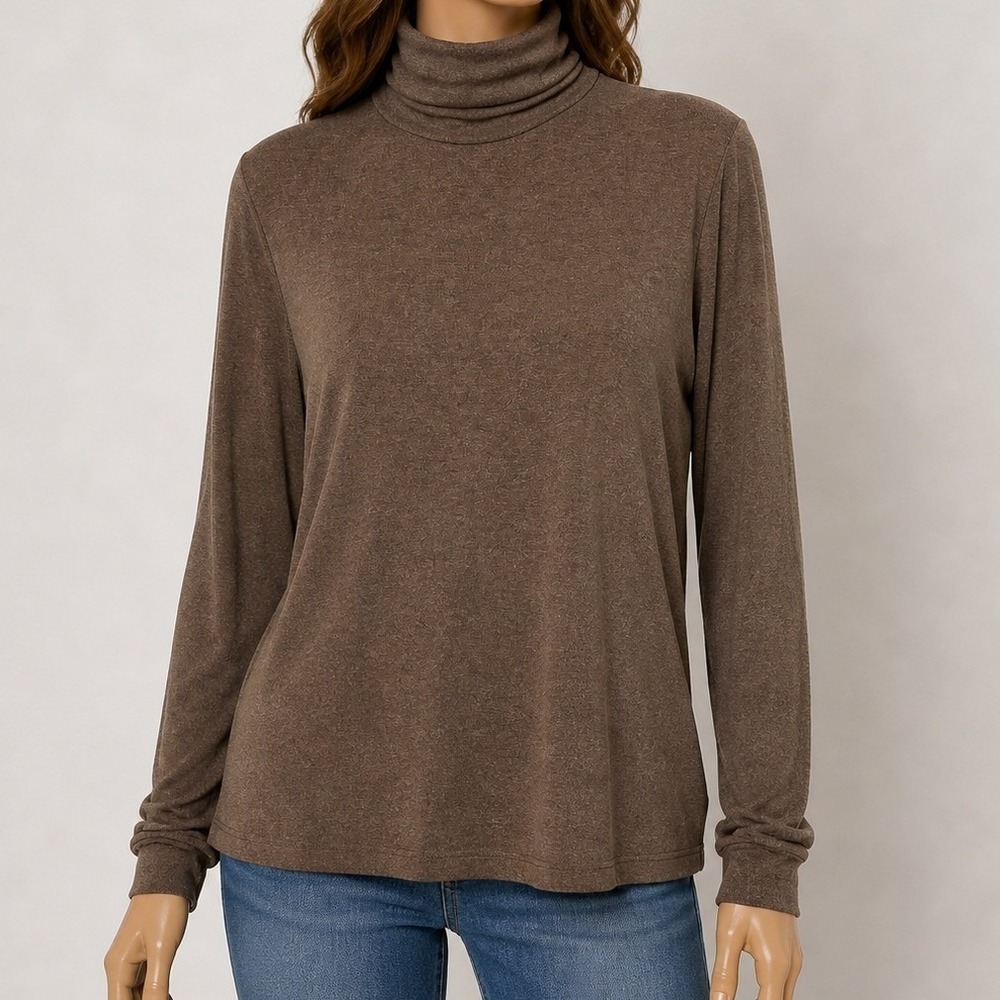 Lands' End Mens Mock Neck Top Brown Long Sleeve Cotton Blend Small 34-36